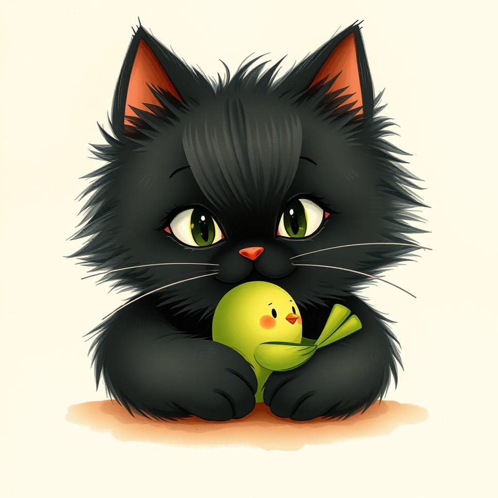 Whimsical Black Cat with Bird in Storybook Style