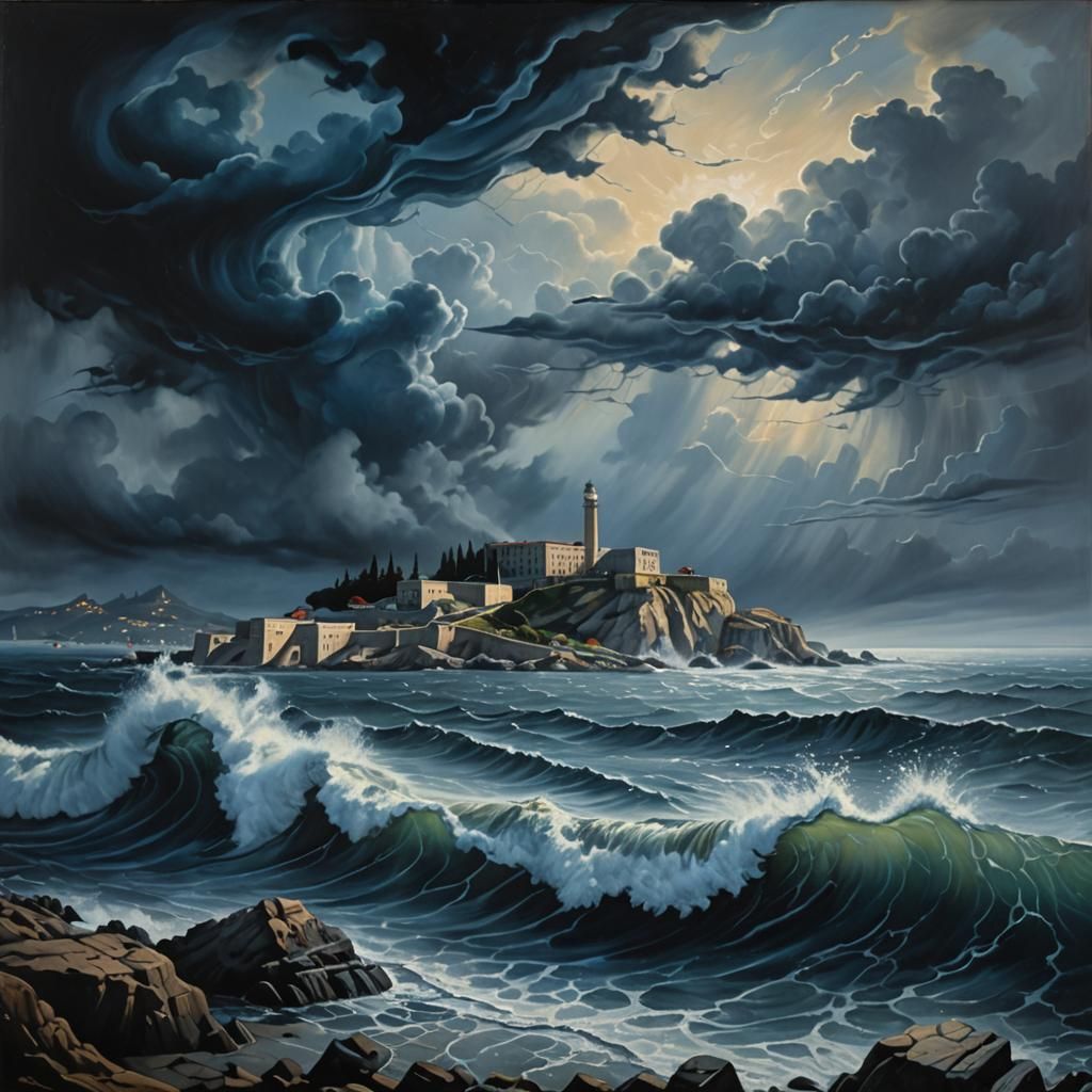 Surreal Alcatraz Island Oil Painting at Night