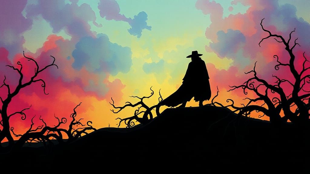 Mysterious Silhouettes Against Watercolor Sky
