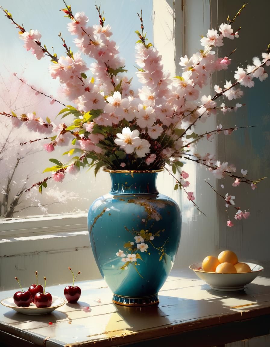Cherry Blossoms Bouquet Painting in Fine Art Style