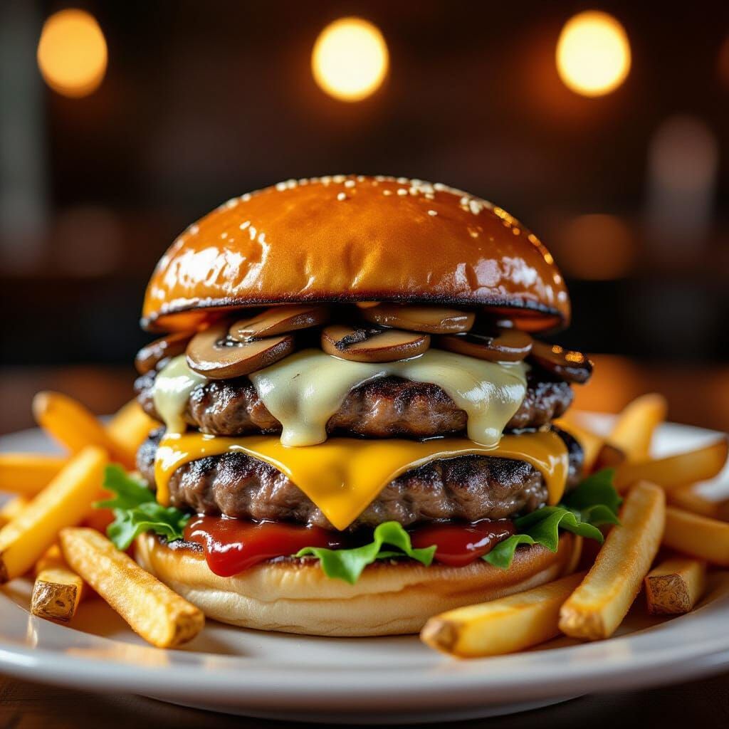 Exquisite Gourmet Burger with Melted Cheese and Fries