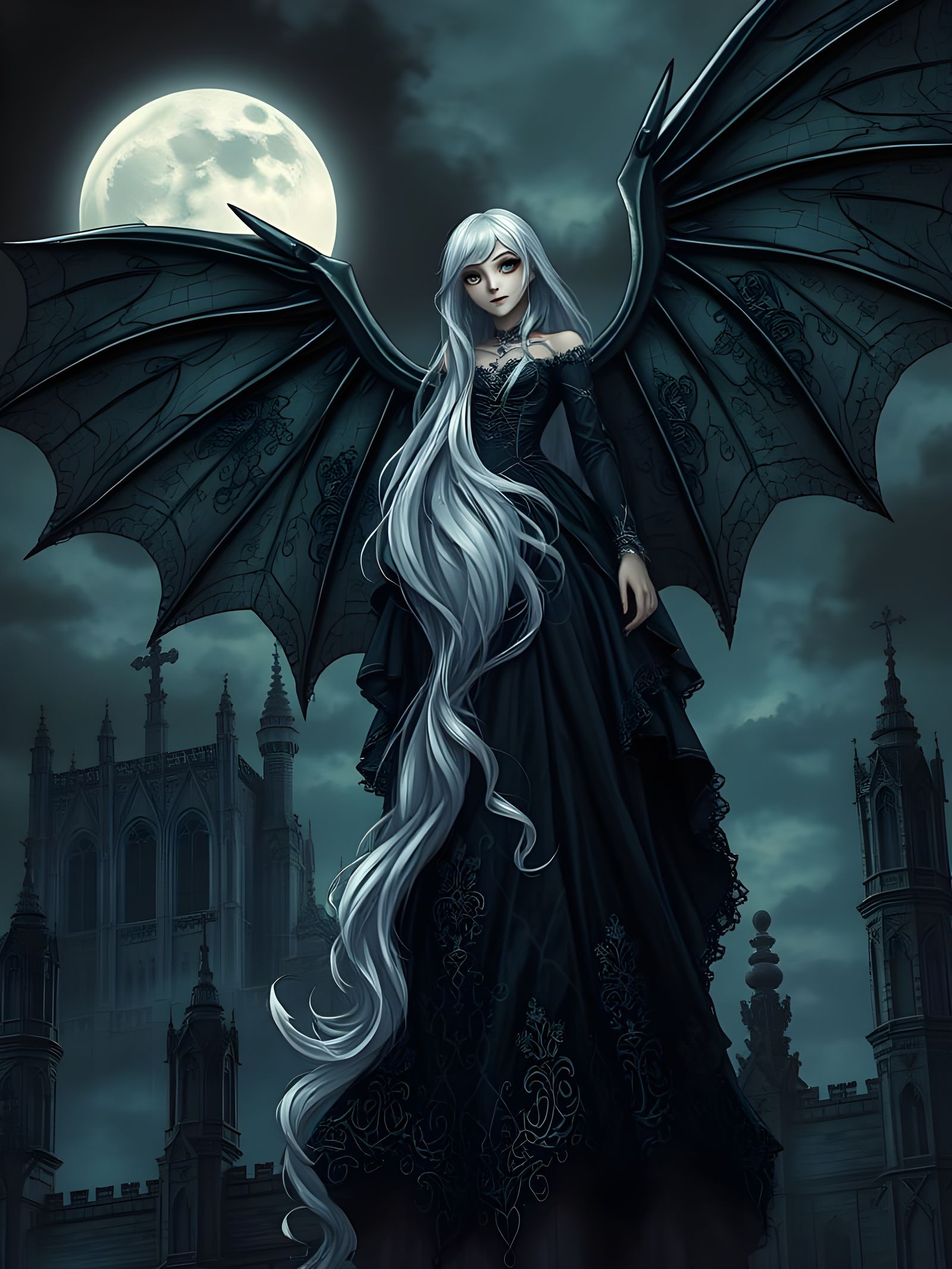 Gothic Vampire Anime Girl on Cathedral, Dark Fantasy Art
