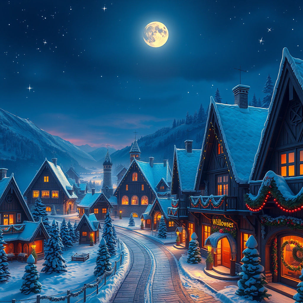 Christmas Village at Dusk: Fantasy Matte Painting