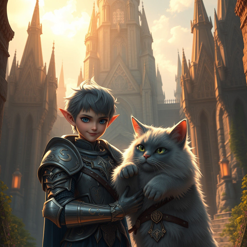 Elf Knight and Cat, Anime Style Fantasy Art