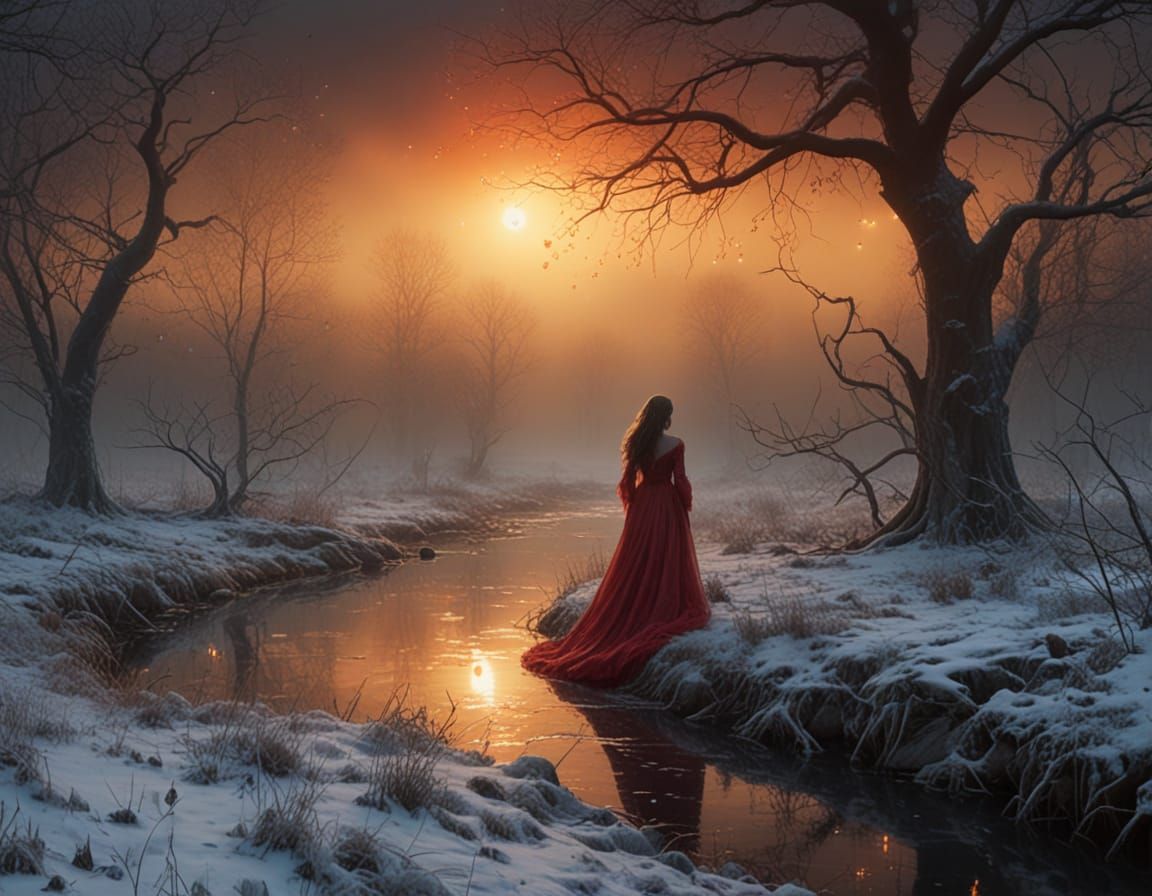 Ethereal Oil Painting of a Pale Woman and Child in a Foggy F...