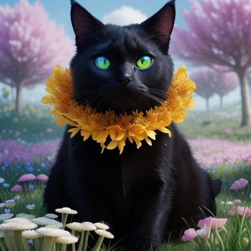 Black Cat in Bunny Ears: Surreal Spring Landscape
