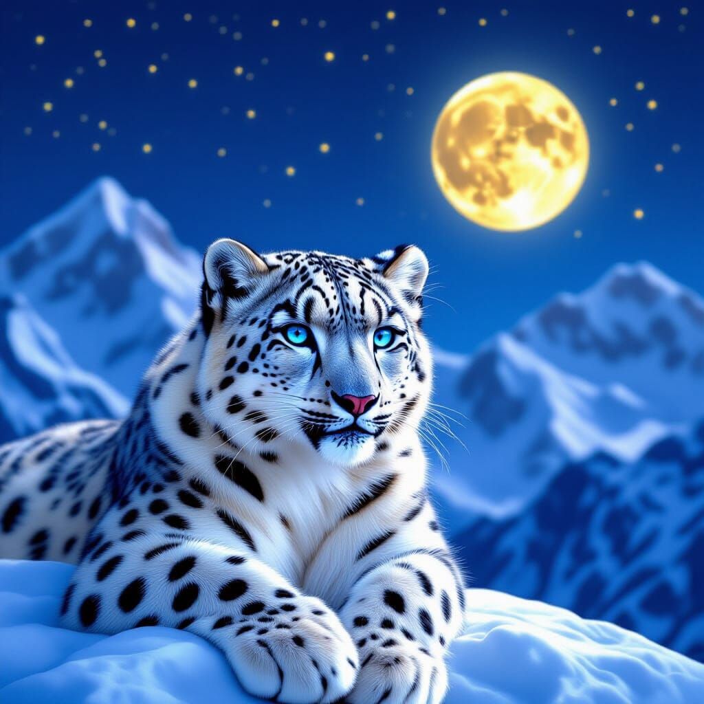 Golden Snow Leopard in Snowy Mountains