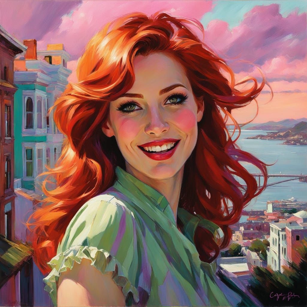 Joyful Woman on San Francisco Hilltop: Oil Painting