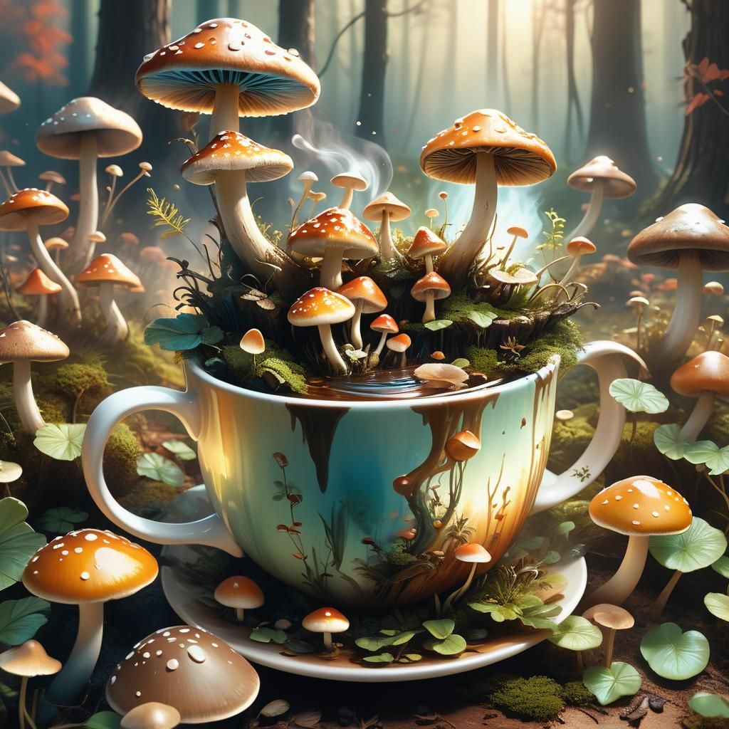 Mushroom Forest Emerges from Tea Cup
