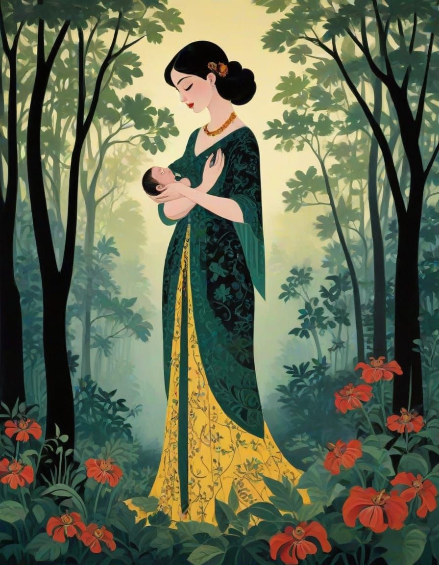 Motherly Love in Vibrant Kalighat Style