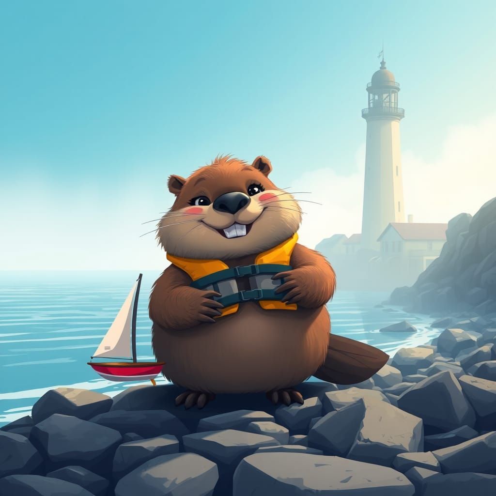 Smiling Beaver with Toy Boat in Cel-Shaded Style