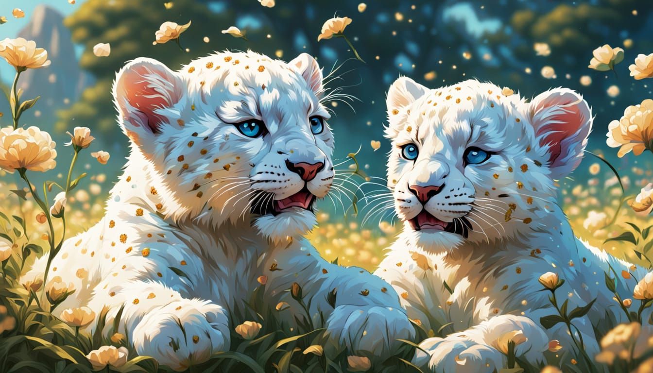 White Panther Cubs Playing in Dreamy Flower Field