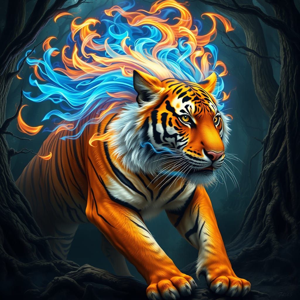 Majestic Tiger Ignites Ancient Forest with Fiery Mane