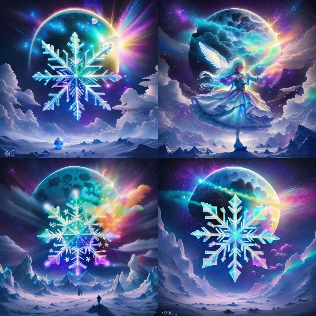 Iridescent Snowflake Falls from Galaxy Sky