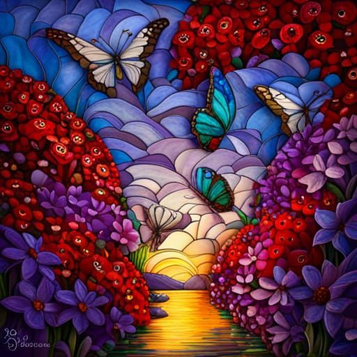 Purple Butterflies and Flowers in Stained Glass Style