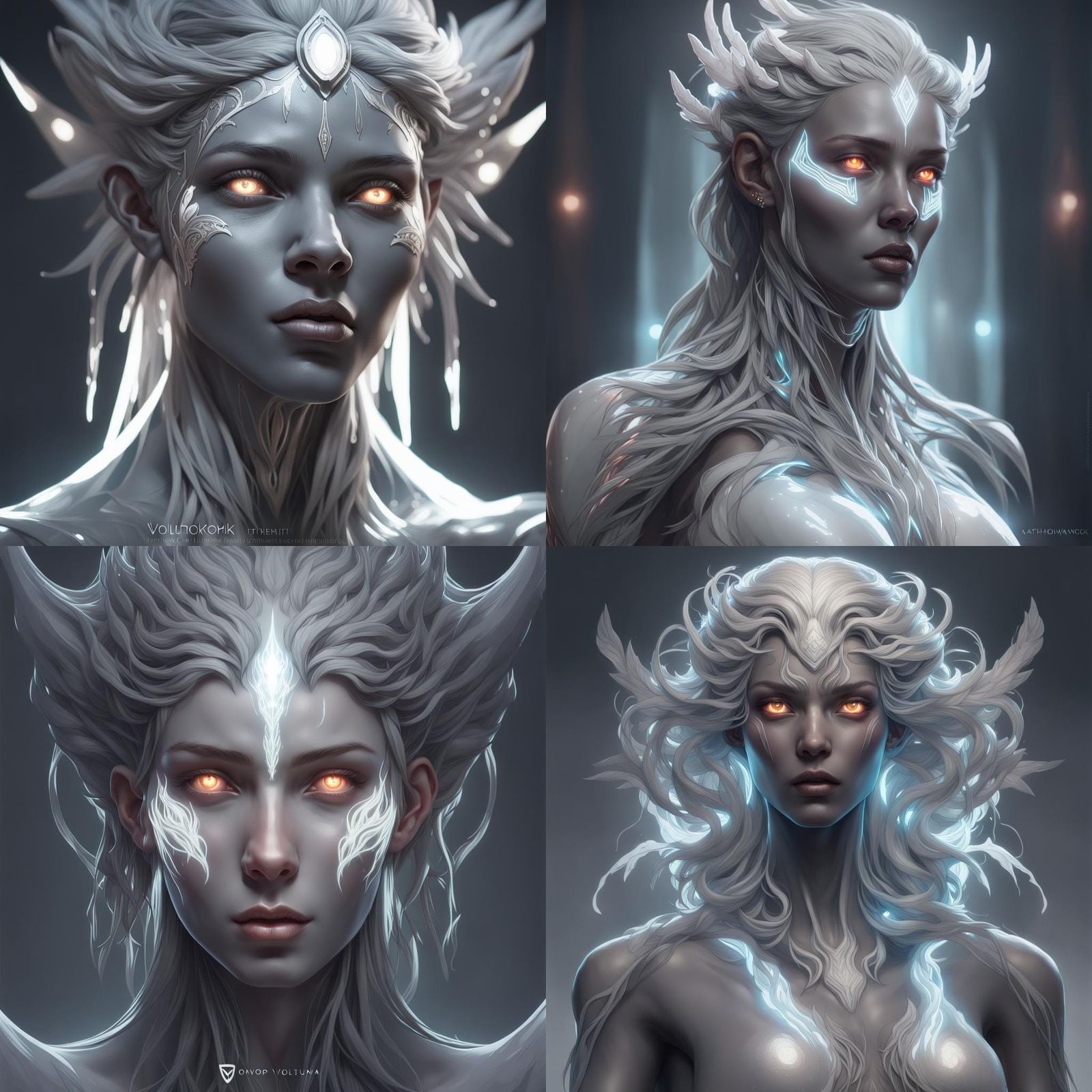 Ethereal Gray Spirit Portrait with Glowing Eyes