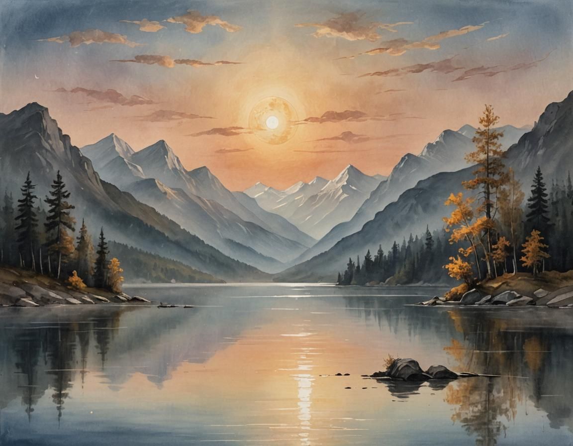 Romanticist Landscape with Serene Lake Scene and Glowing Sil...