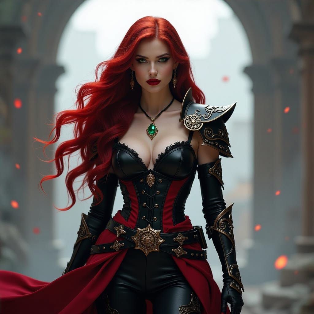 Tiefling Woman in Red and Black Armor, Fantasy Art