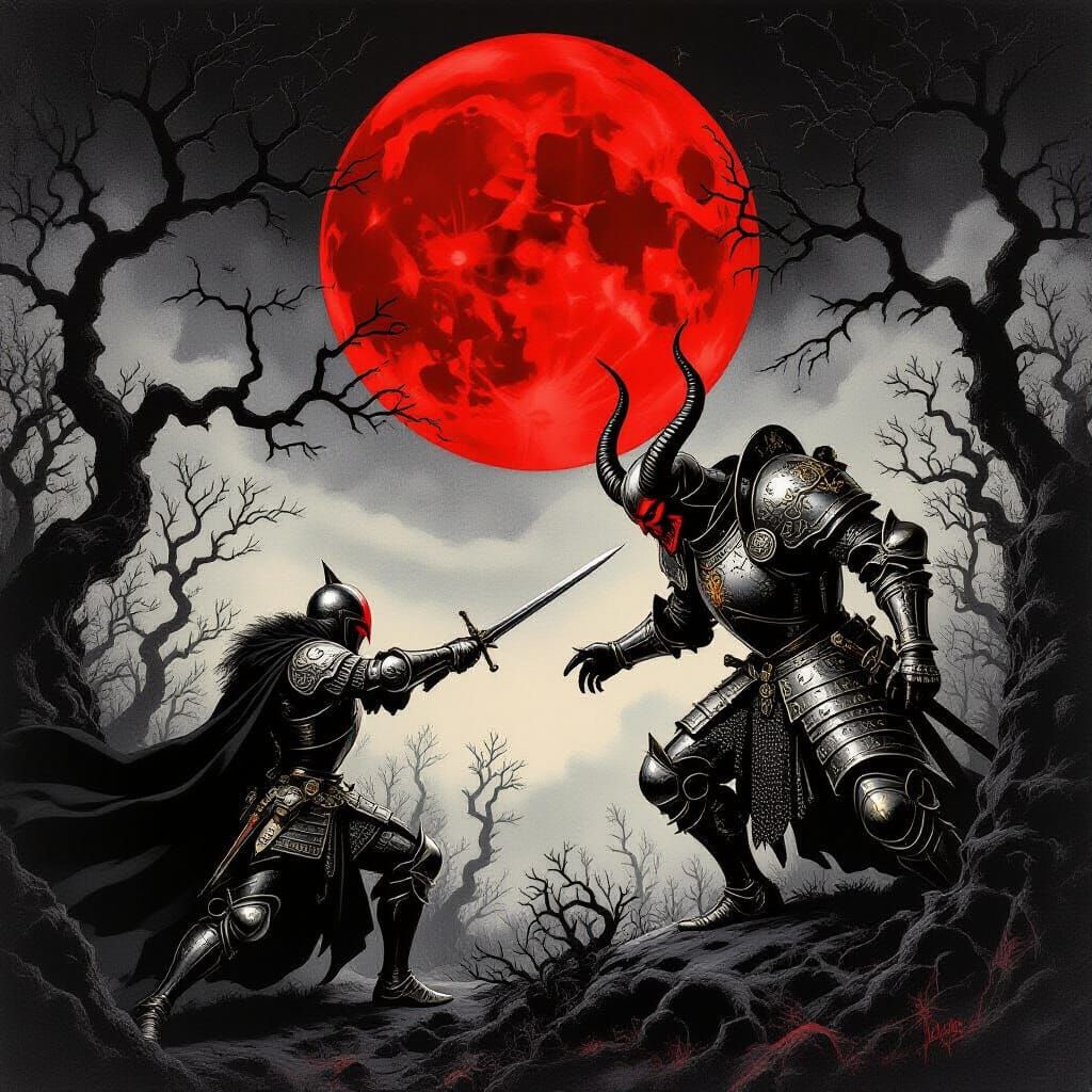 Baroque Knight Fights Demon Under Red Moon