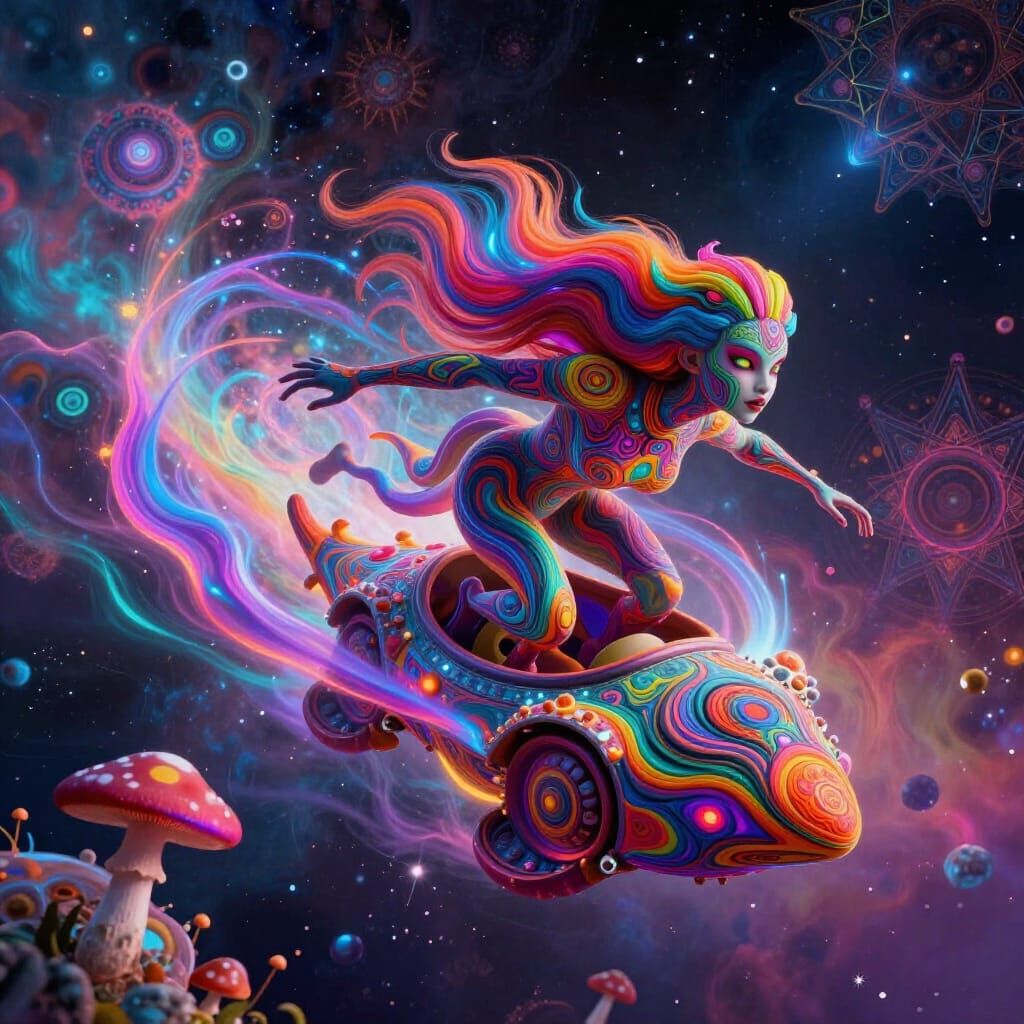 Psychedelic Cosmic Traveler Bending Time and Space