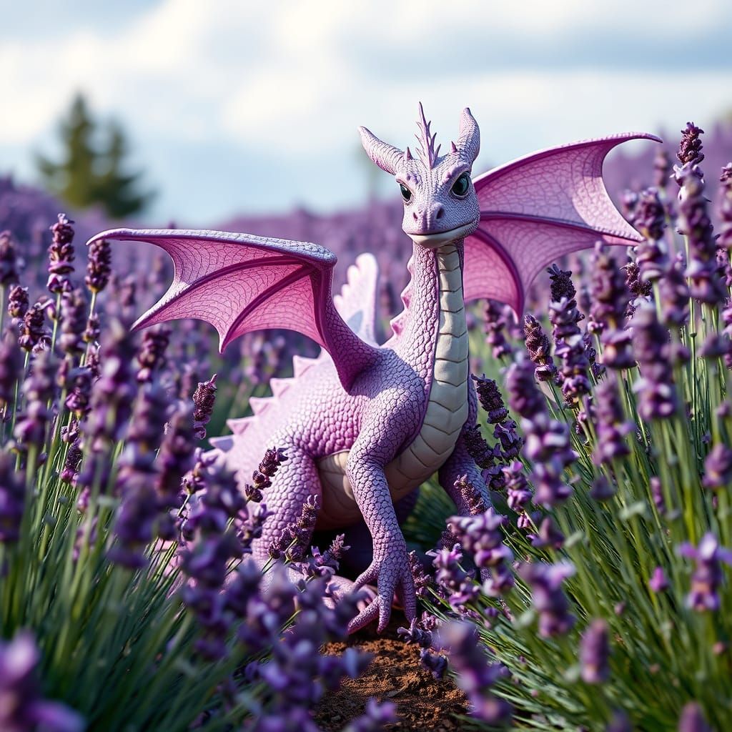 Lavender Dragon in a Dreamy Floral Landscape