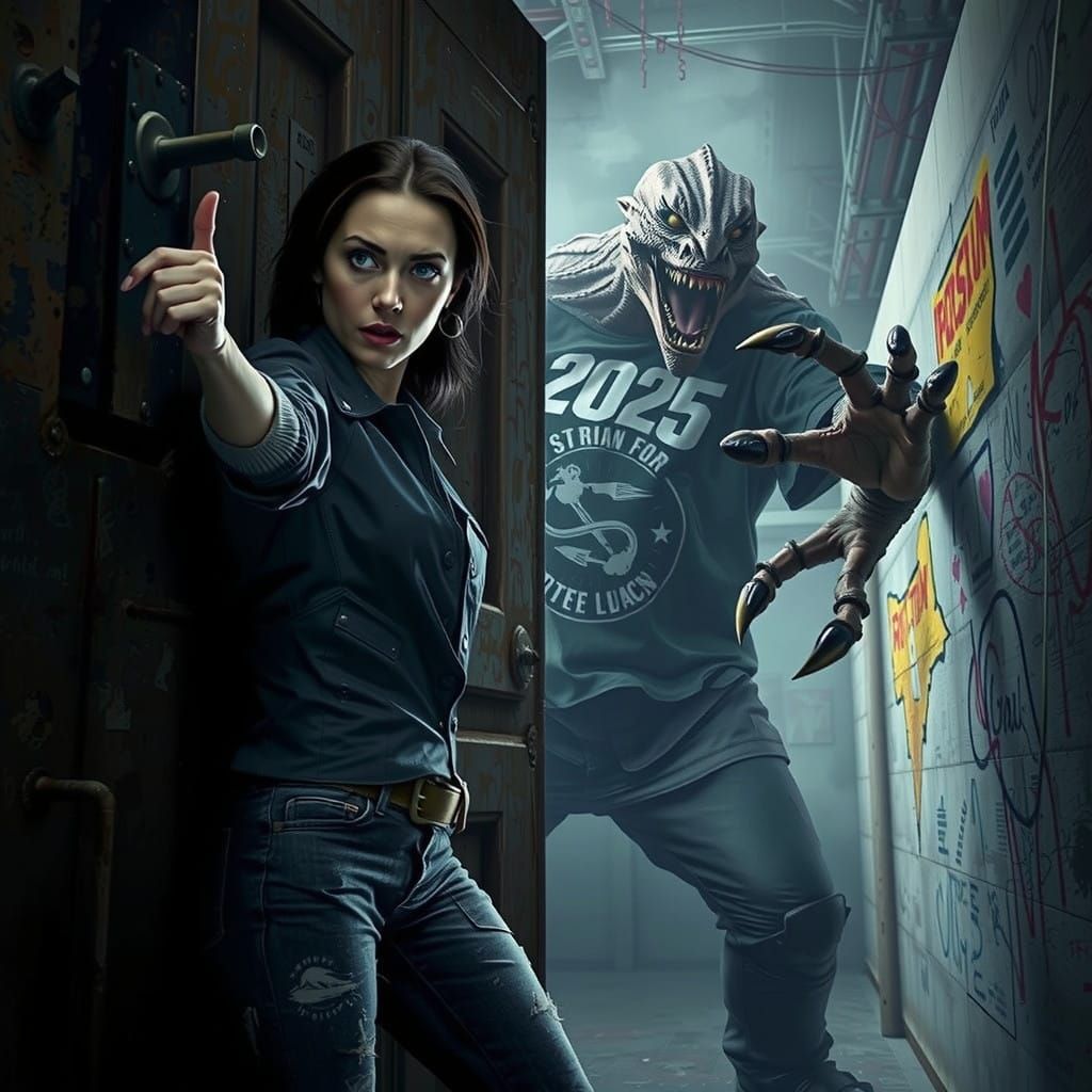 Woman Confronts a Grotesque Monster in a Futuristic Landscap...