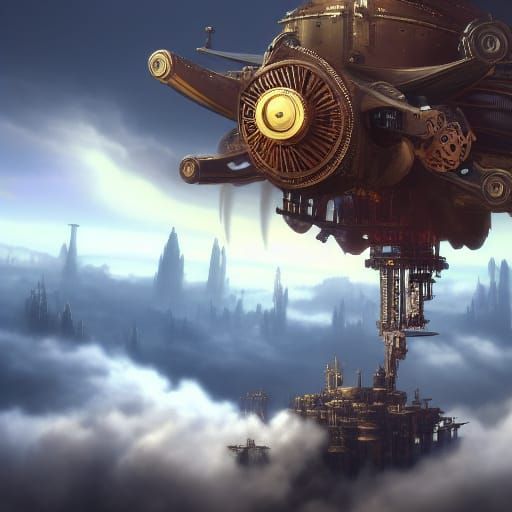 Steampunk Flying Machine Above Clouds: Detailed Matte Painti...