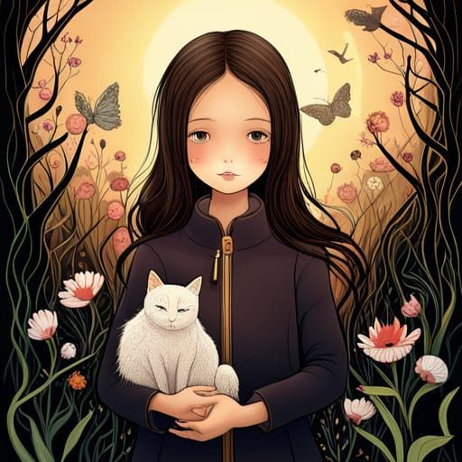 Toddler with Cats in Fairytale Vector Line Art