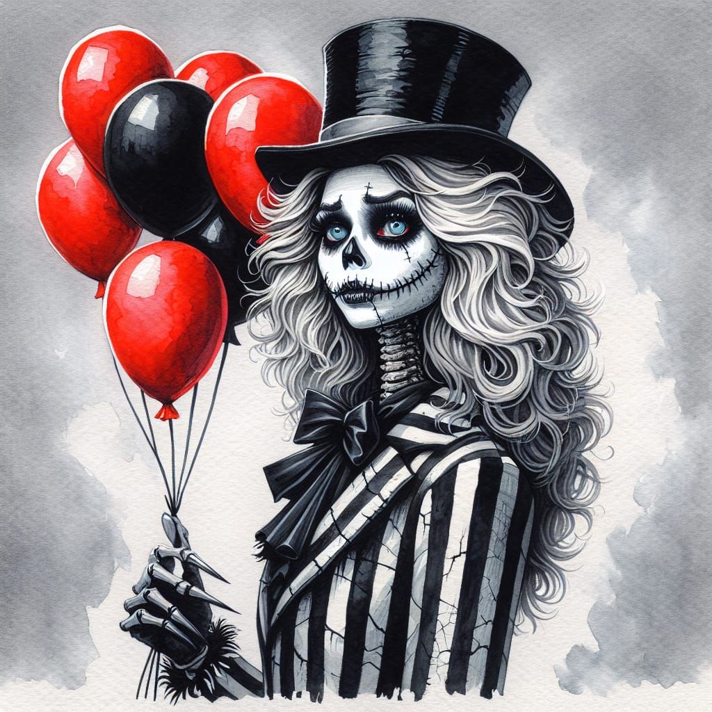 Watercolor of Striped Character with Balloons