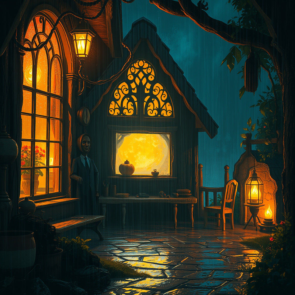 Cozy Home in Rainstorm: Matte Painting Fantasy Art