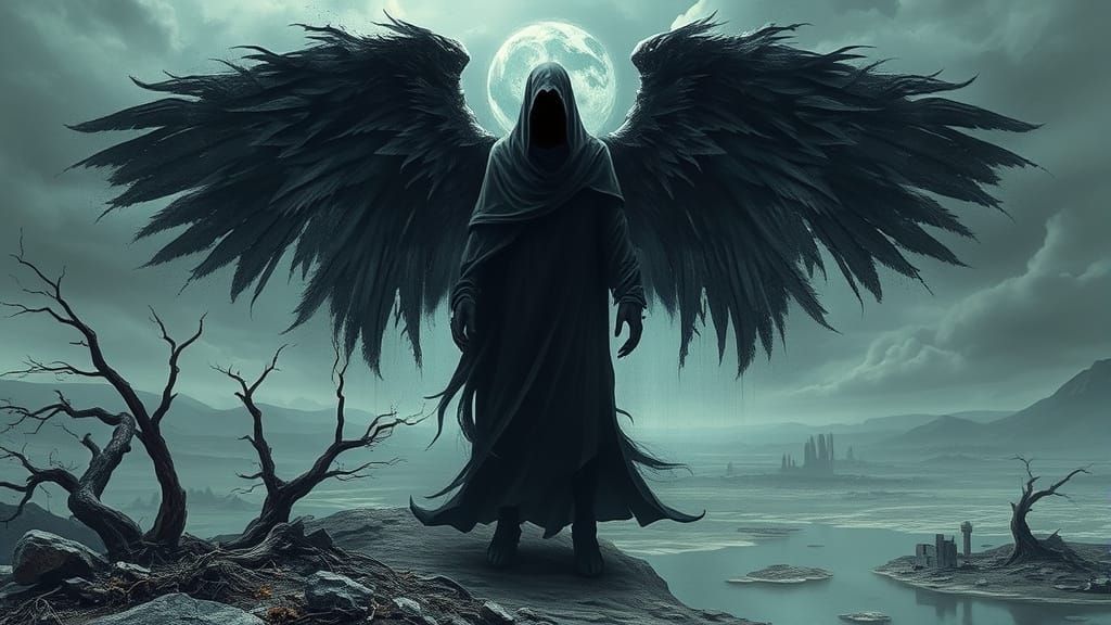 Ethereal Angel of Death in Dark Fantasy Landscape