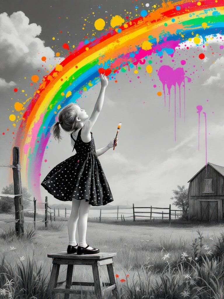 Young Artist Paints Rainbow Over Grayscale Rural Landscape