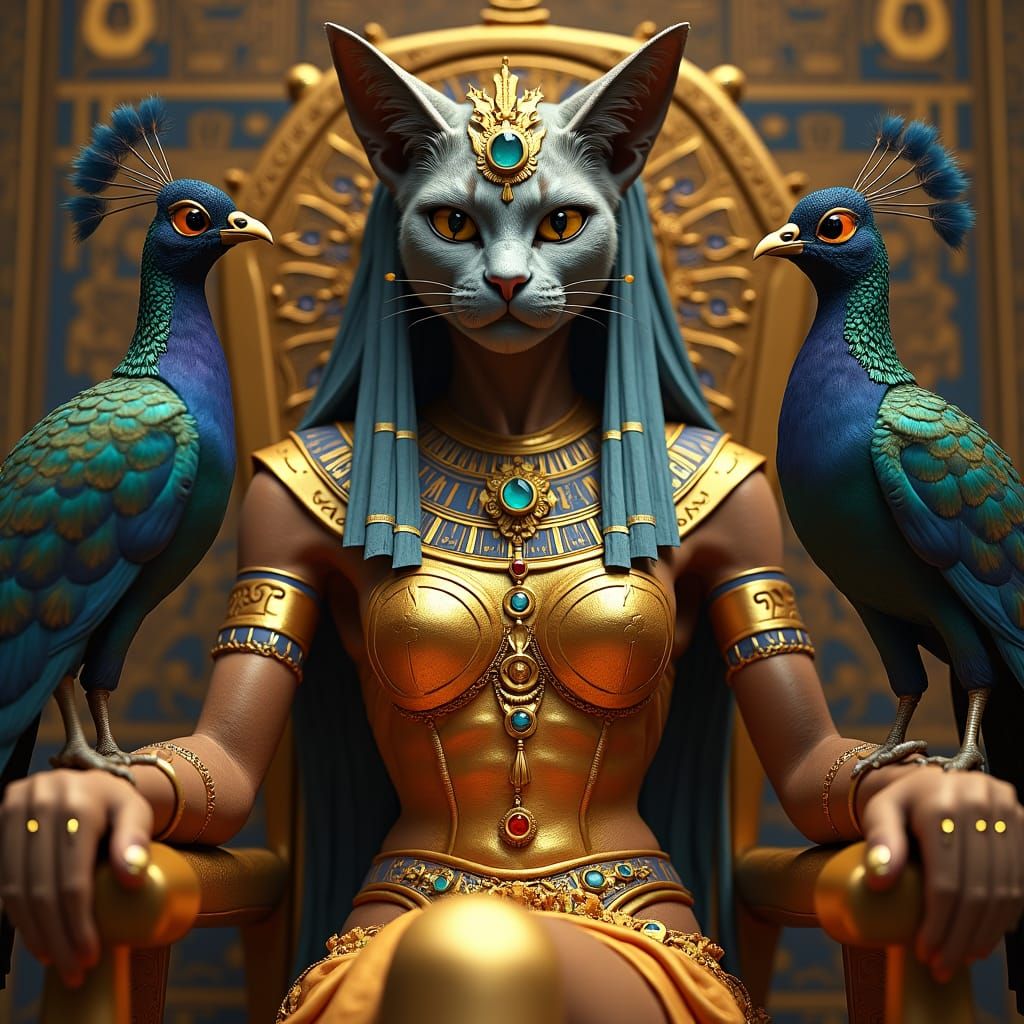 Goddess Bastet on Jeweled Throne, Photorealistic Art