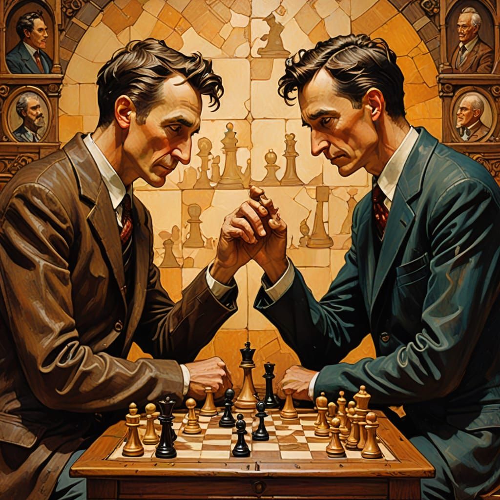Da Vinci and Tesla Chess Game in Rockwell Style
