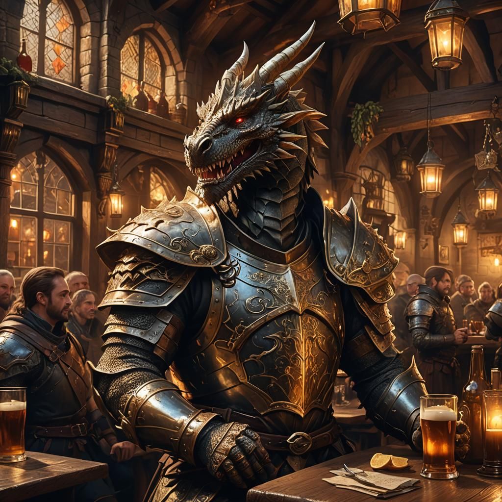 Dragon Enjoying Ale in Medieval Pub: Fantasy Art