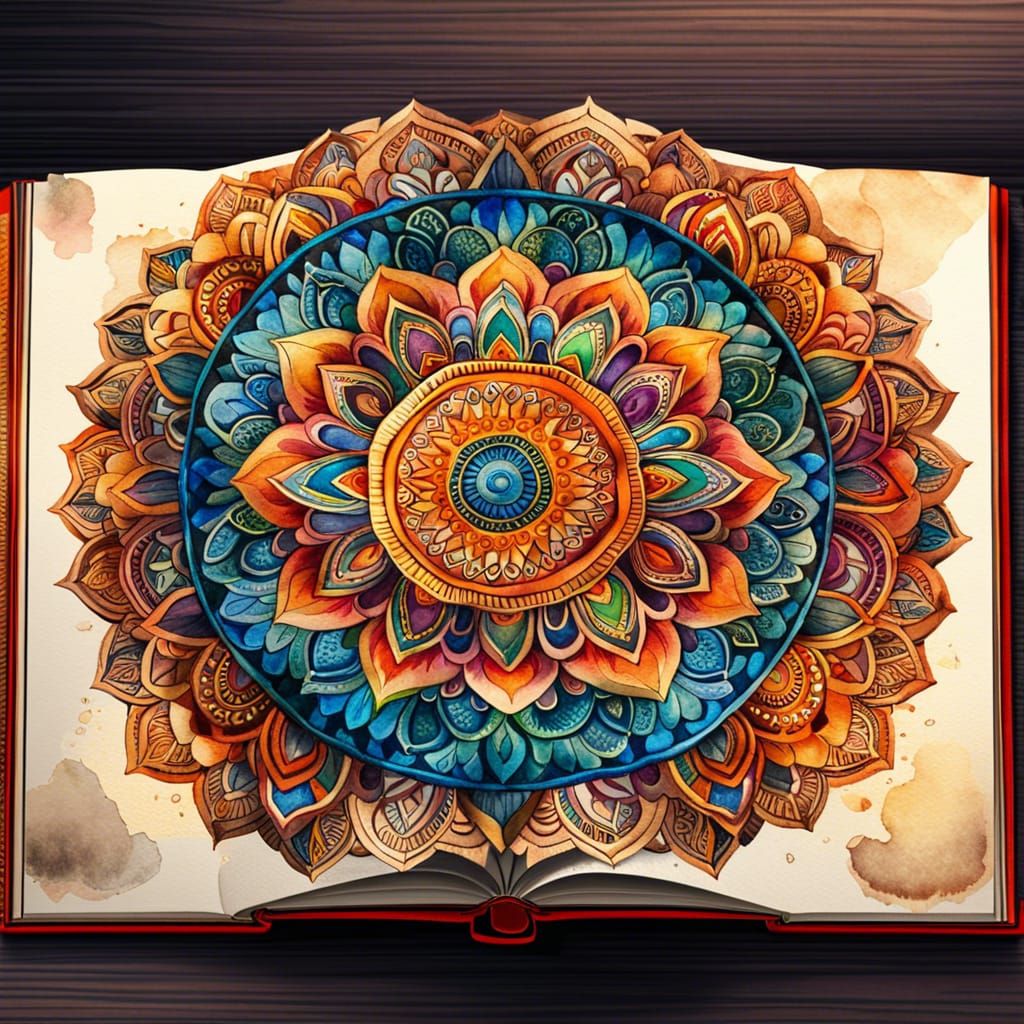 Artistic Mandala Emerges from Book, Watercolor Painting