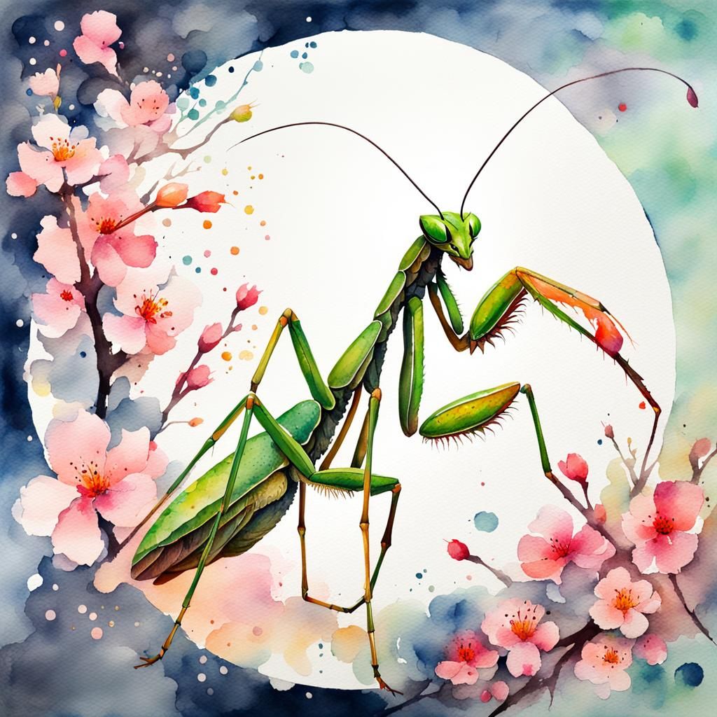 Impressionistic Watercolor Praying Mantis with Sakura