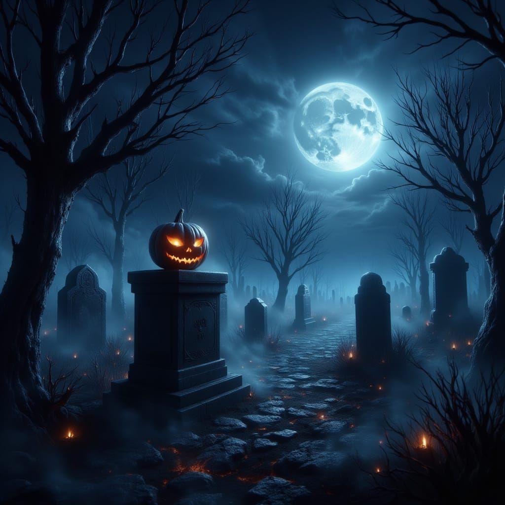 Spooky Halloween Graveyard Scene at Midnight