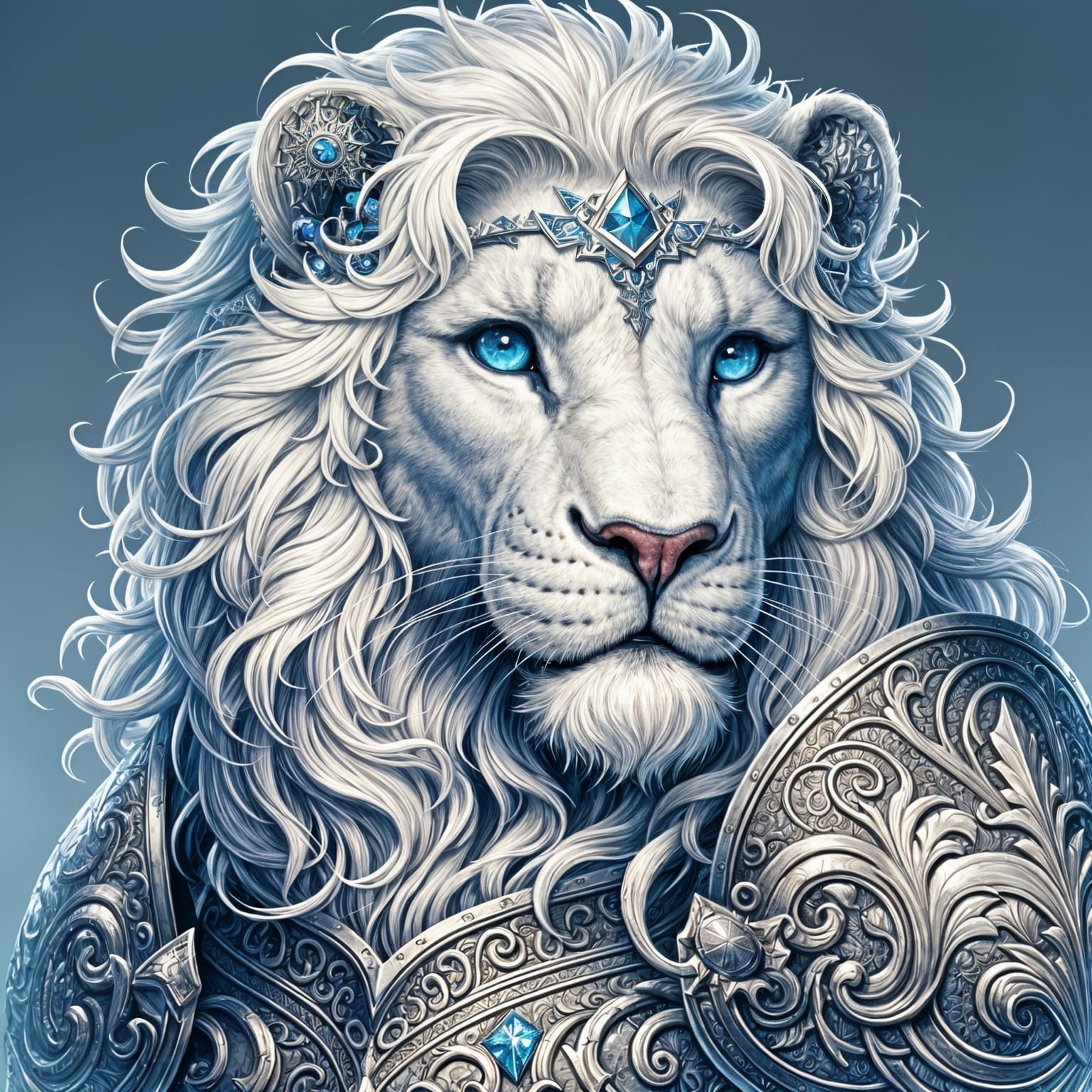 Armored White Lion with Blue Eyes, Digital Painting