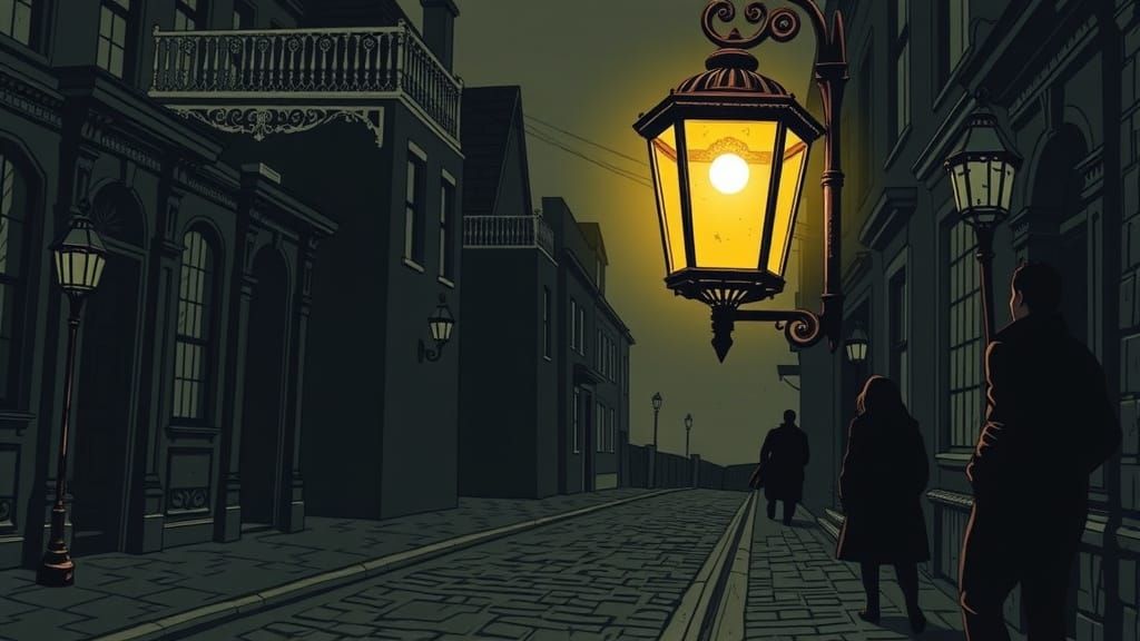 Grumpy Streetlamp Glaring in Gothic Illustration Style