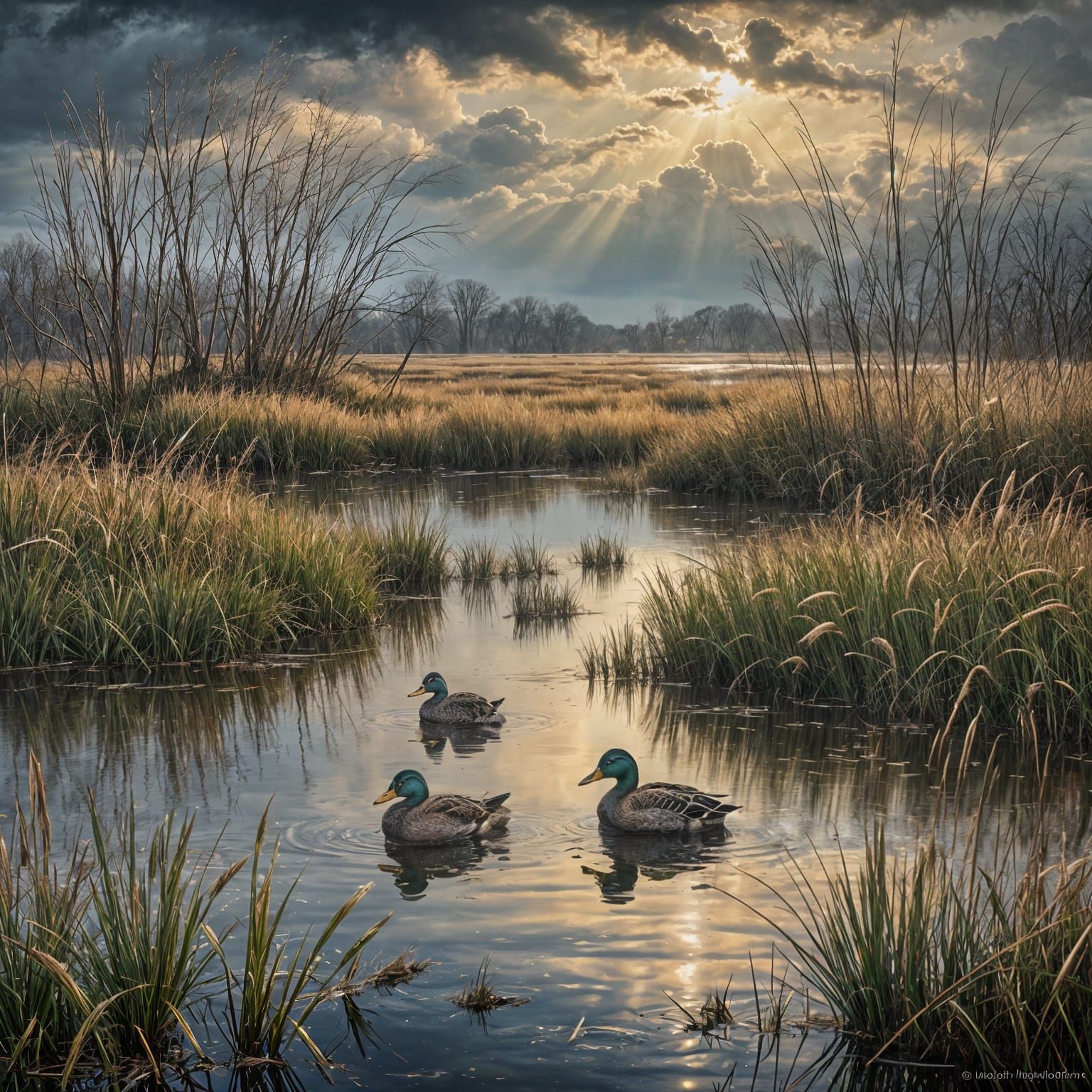 Stormy Winter Sky Over Marshland with Ducks