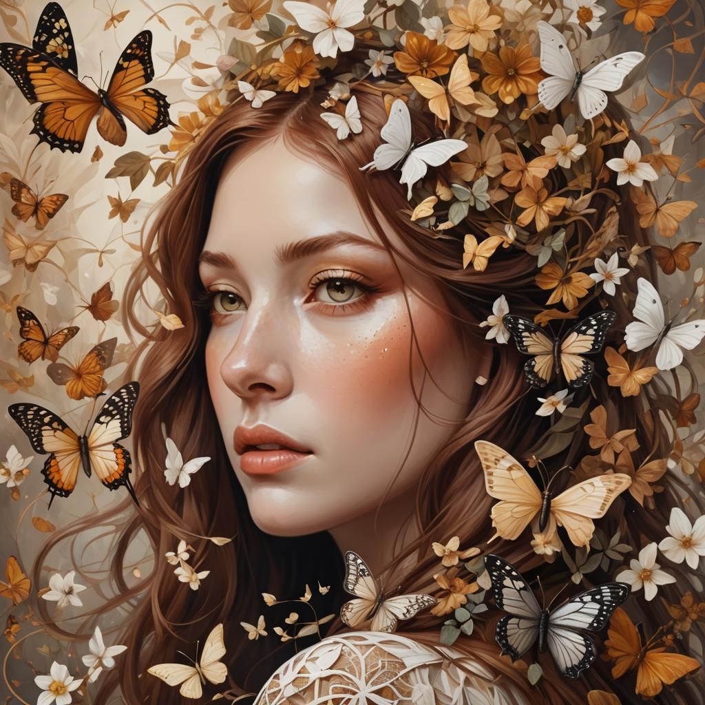 Surreal Digital Portrait of a Young Woman in Whimsical Flora...