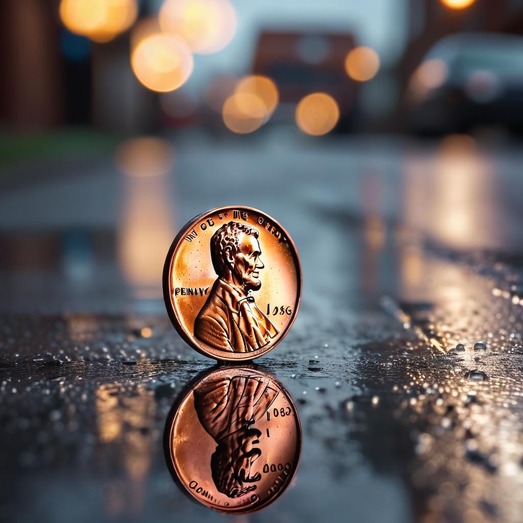 Macro Photo of a Shiny Penny on Wet Pavement