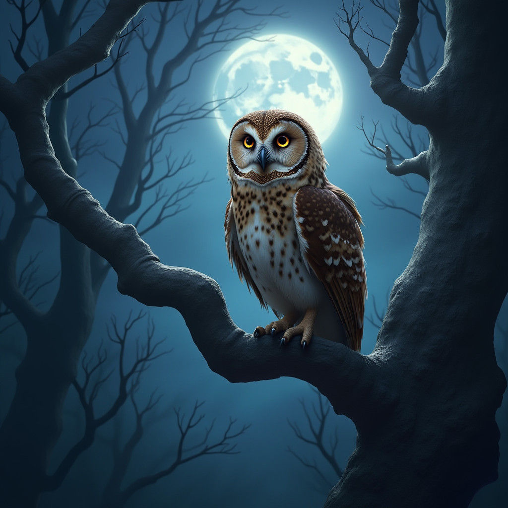 Owl Perched on Branch Under Moonlight