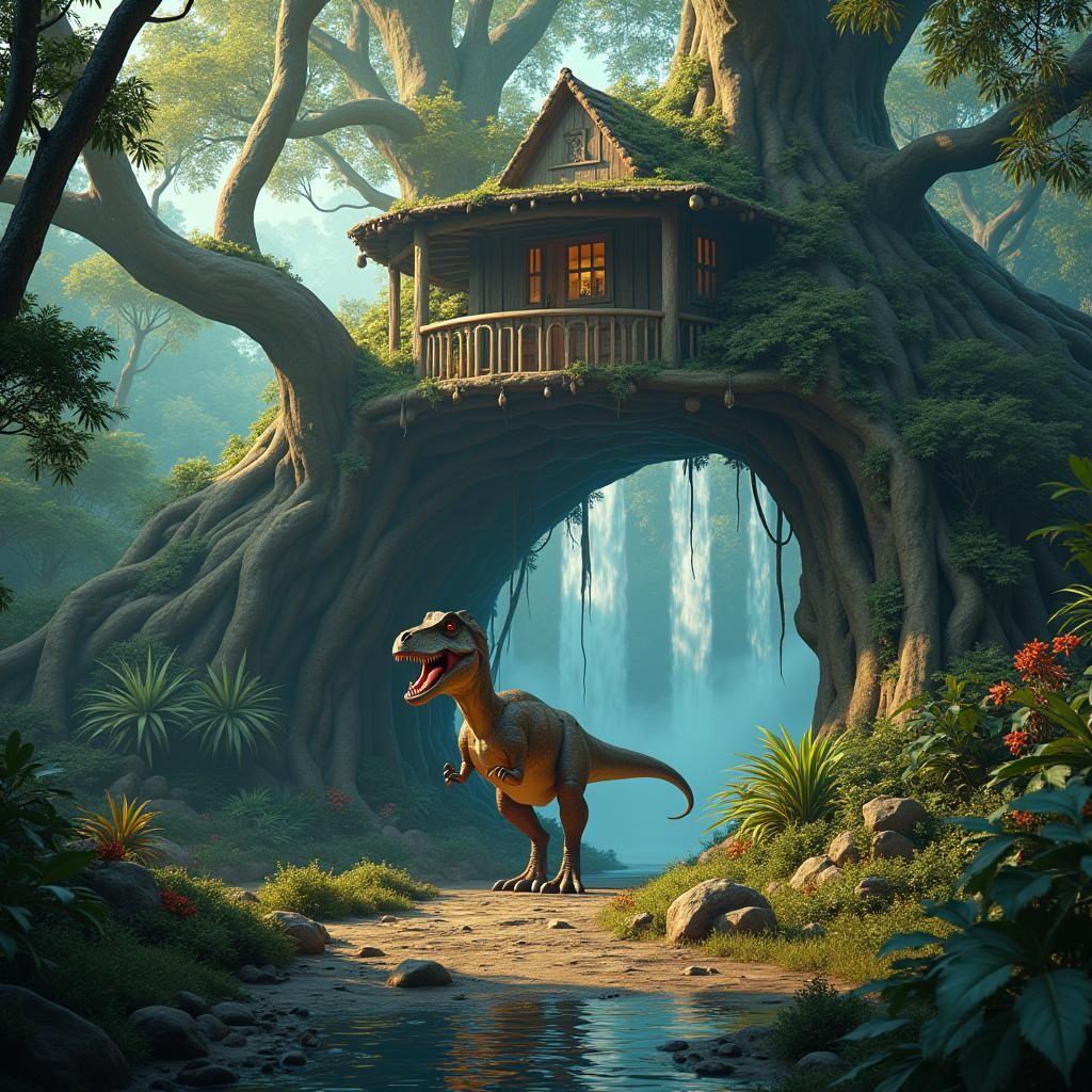 Dinosaur at Mystical Treehouse Entrance in Jungle