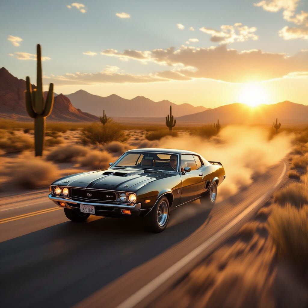 1970s Muscle Car Races Desert Road at Golden Hour