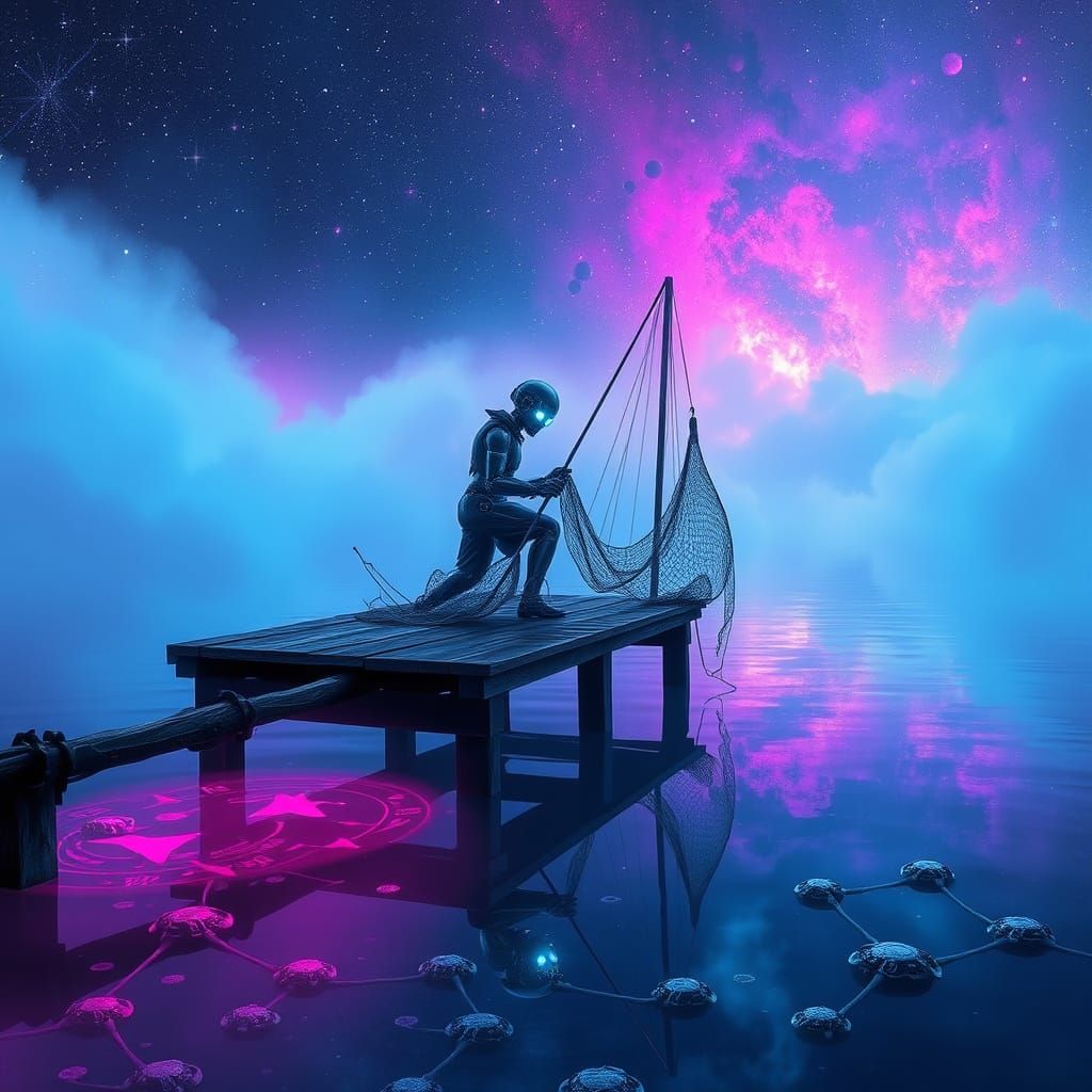 Celestial Robot Mends Nets on Foggy Neon Pier
