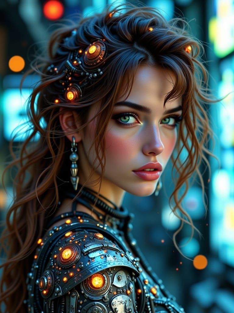 Cyberpunk Fairytale: Woman in Metallic Armor