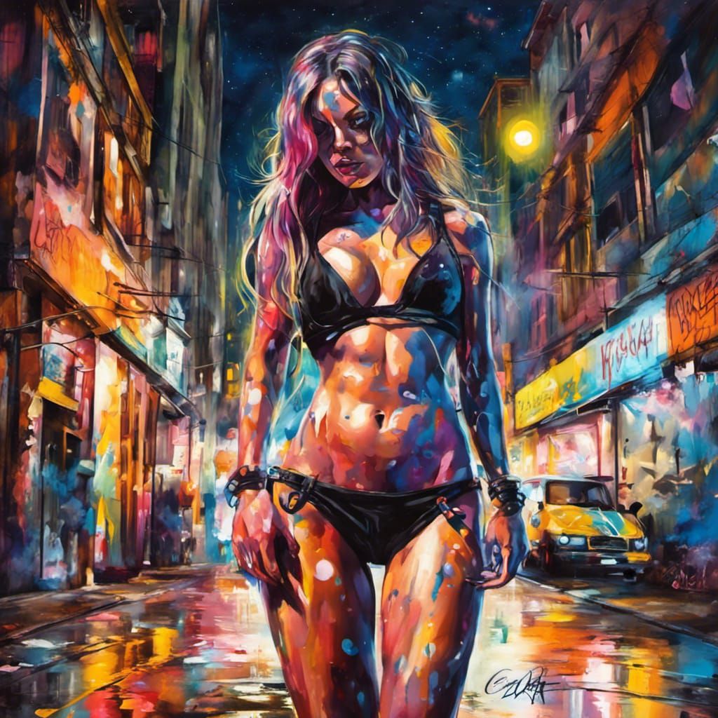 Bikini Dancer in City at Night: Graffiti Art