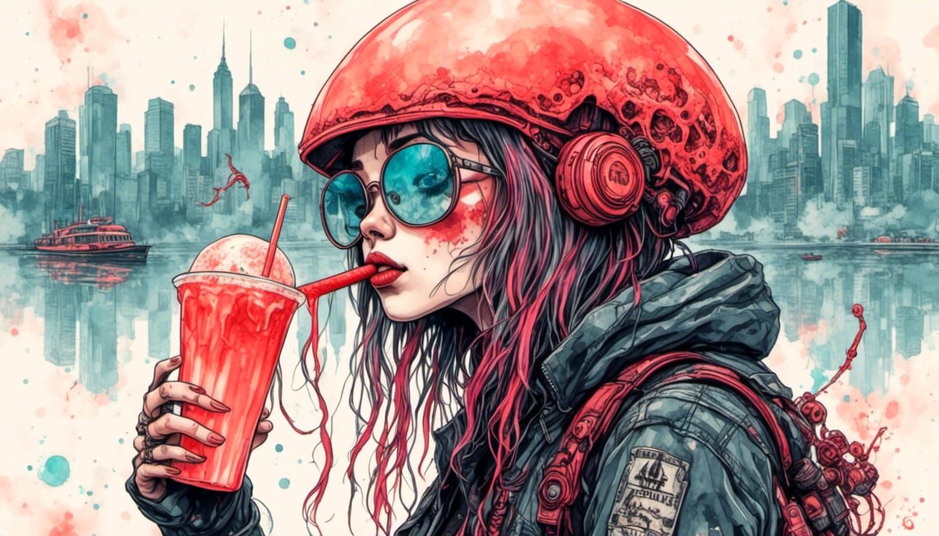 Cyberpunk Girl's Popsicle with Burning Montreal Skyline